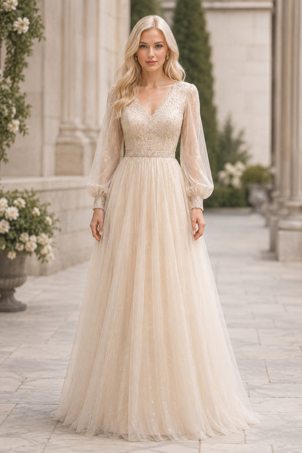 Ivory V-Neck Long Sleeve A-Line Wedding Dress with Low-V Back and Tulle Skirt front view