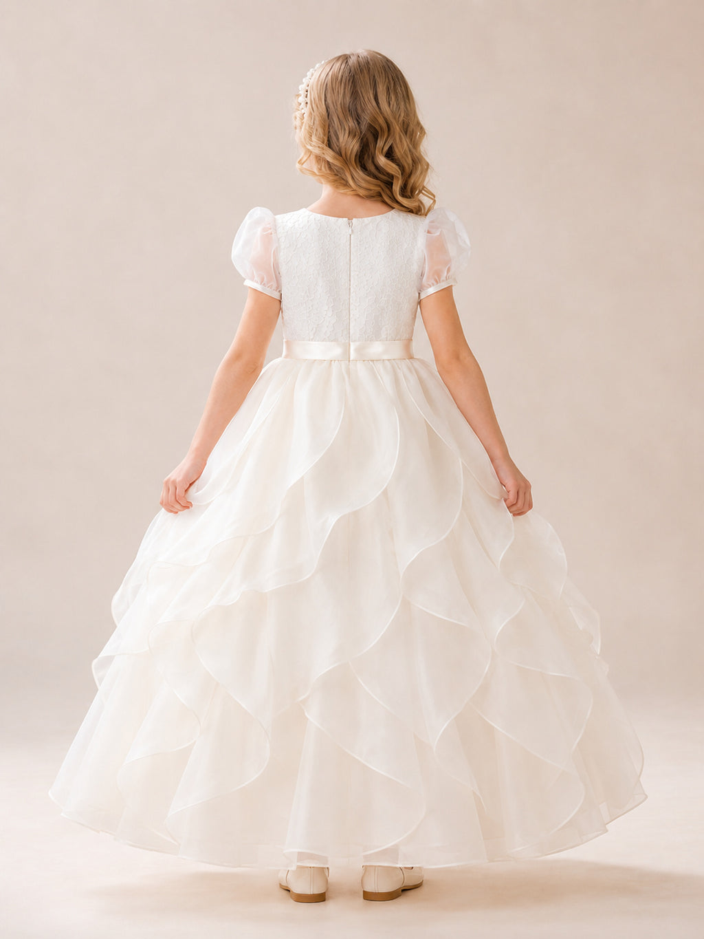 Ivory Satin Organza Jewel Neck Short Puff Sleeve Petal Layer Ankle Length Communion Flowergirl Dress back view