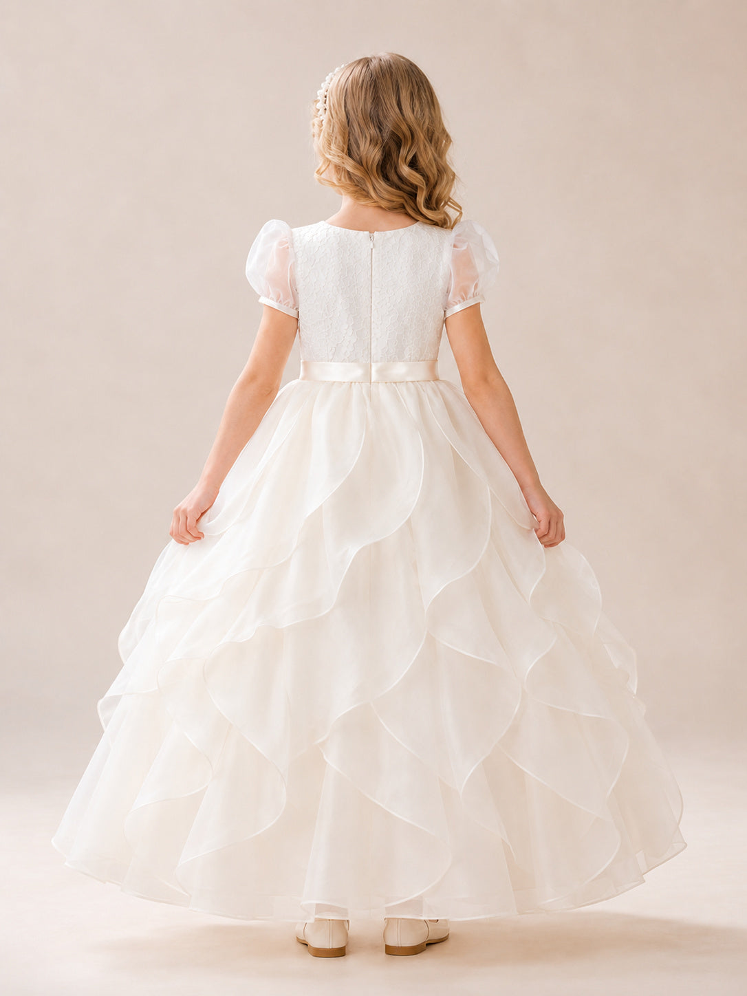 Ivory Satin Organza Jewel Neck Short Puff Sleeve Petal Layer Ankle Length Communion Flowergirl Dress back view