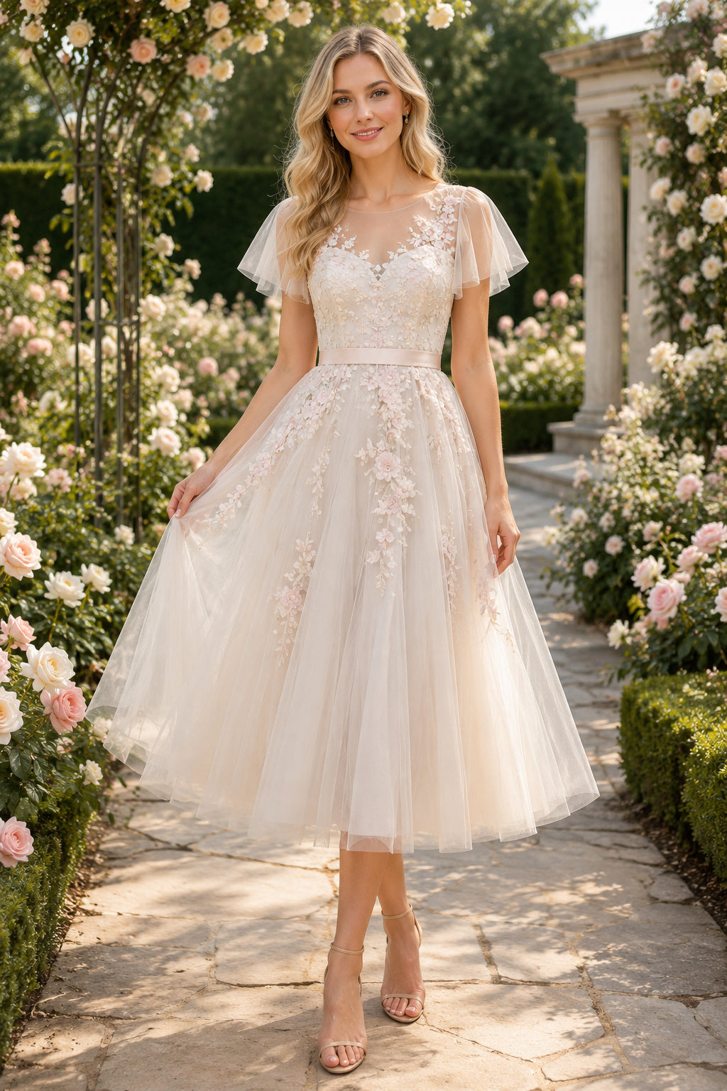 Champagne Lace Cap Sleeve Applique Bodice with Illusion Back Tea Length A-Line Wedding Dress front view