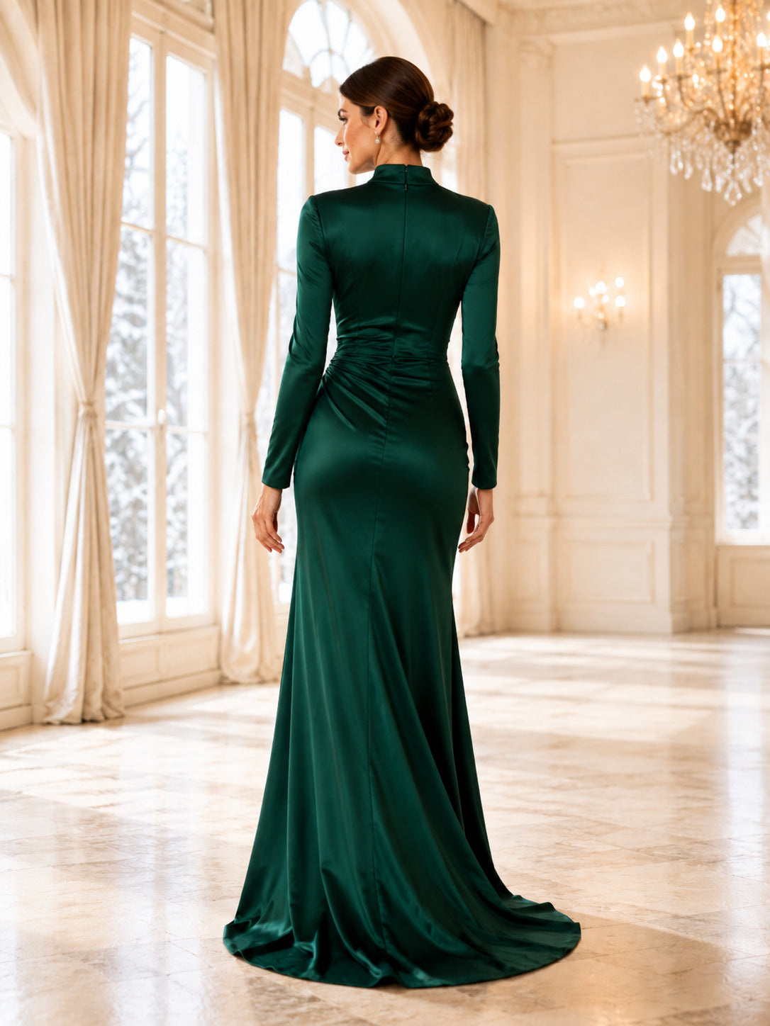 Emerald Long Sleeve High Neck Satin Mermaid Formal Dress back view