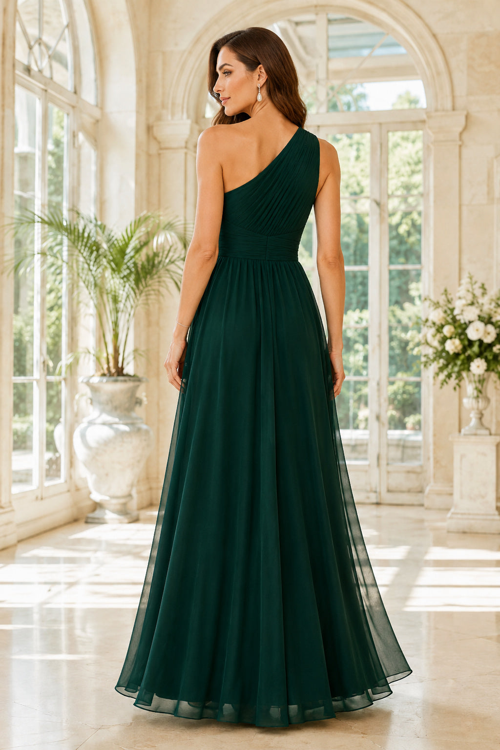 Evening Gown Dark Green Chiffon A-Line One Shoulder Sleeveless Floor Length back view