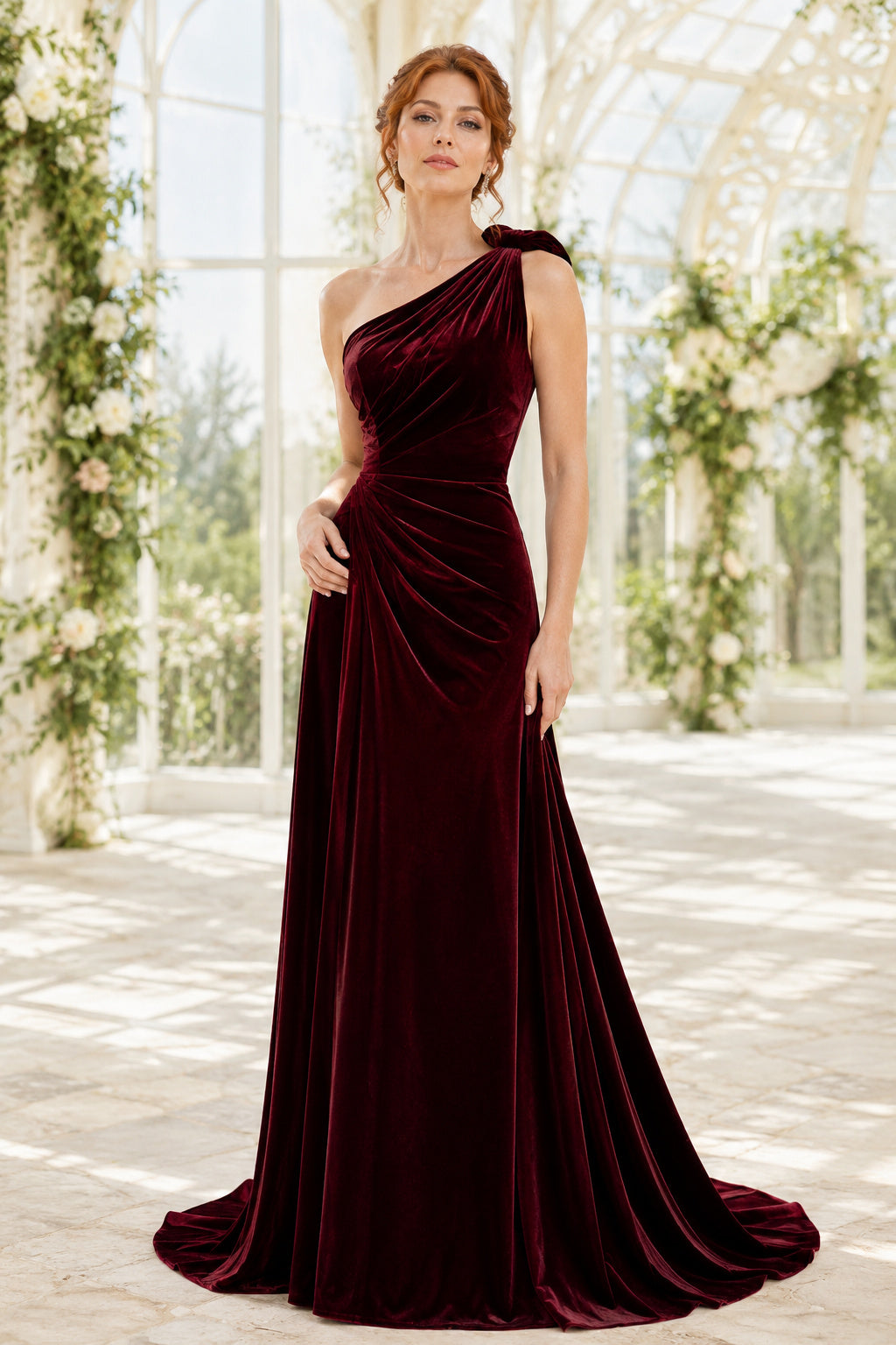 Burgundy one shoulder velvet mermaid gown with shoulder bow and sweep train Floor-length And Sweep/Brush Train Mermaid Trumpe