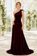 Burgundy one shoulder velvet mermaid gown with shoulder bow and sweep train Floor-length And Sweep/Brush Train Mermaid Trumpe