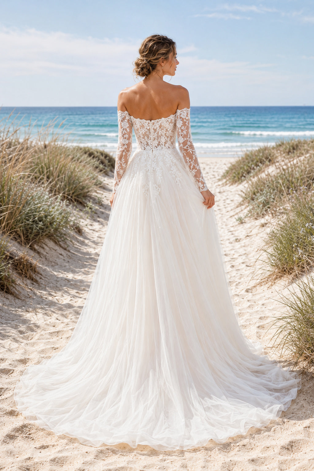 Ivory Off-the-Shoulder Long Sleeve Lace A-Line Wedding Dress with Tulle Skirt back view