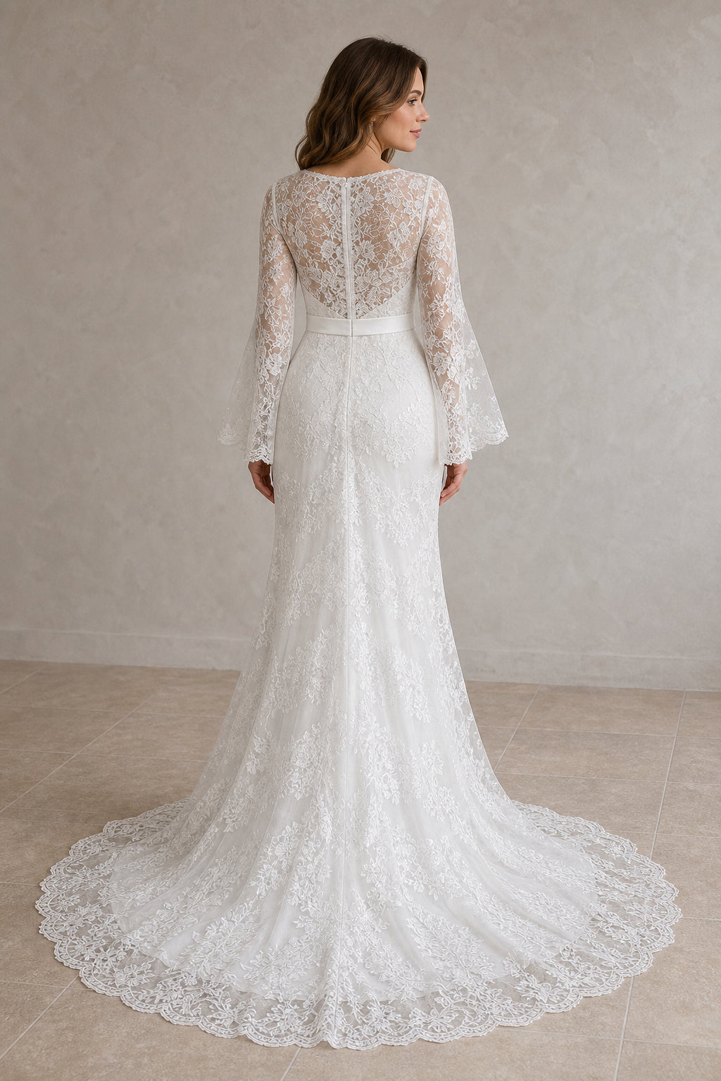 Ivory Illusion A-Line Satin Floor-length Wedding Dress With Floral Appliques and Front Slit Lace Hem Detail