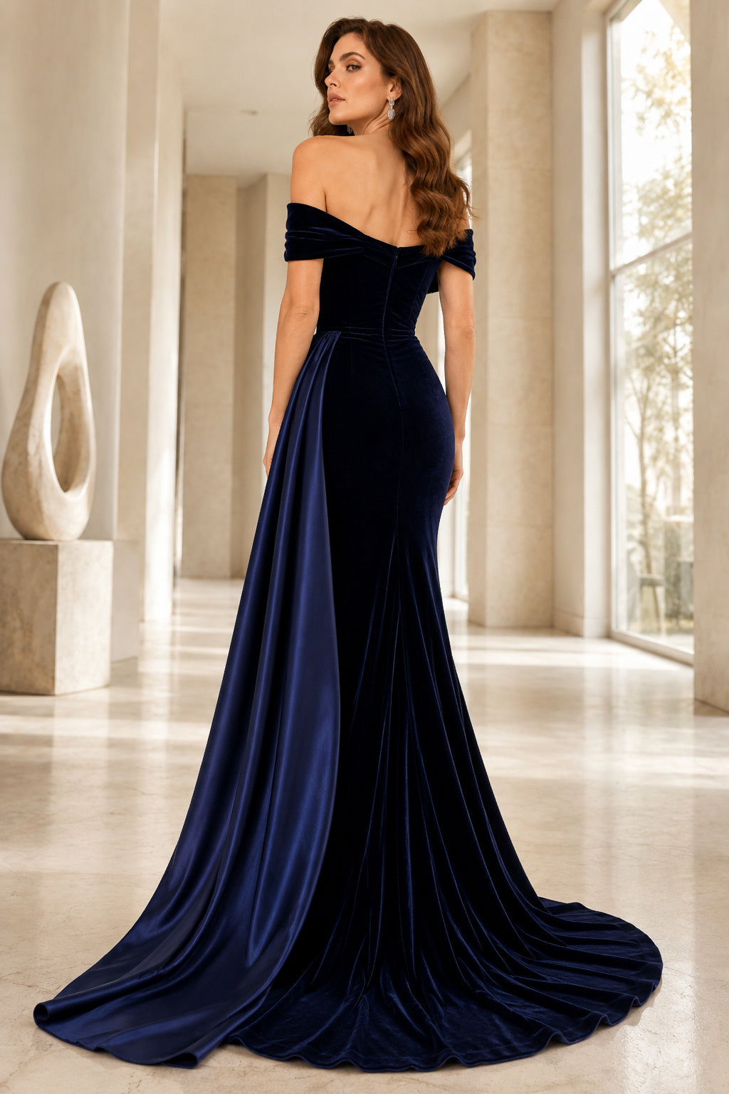 Dark Navy Off The Shoulder Velvet Mermaid Evening Gown With Satin Side Drape Train Evening Dress back view