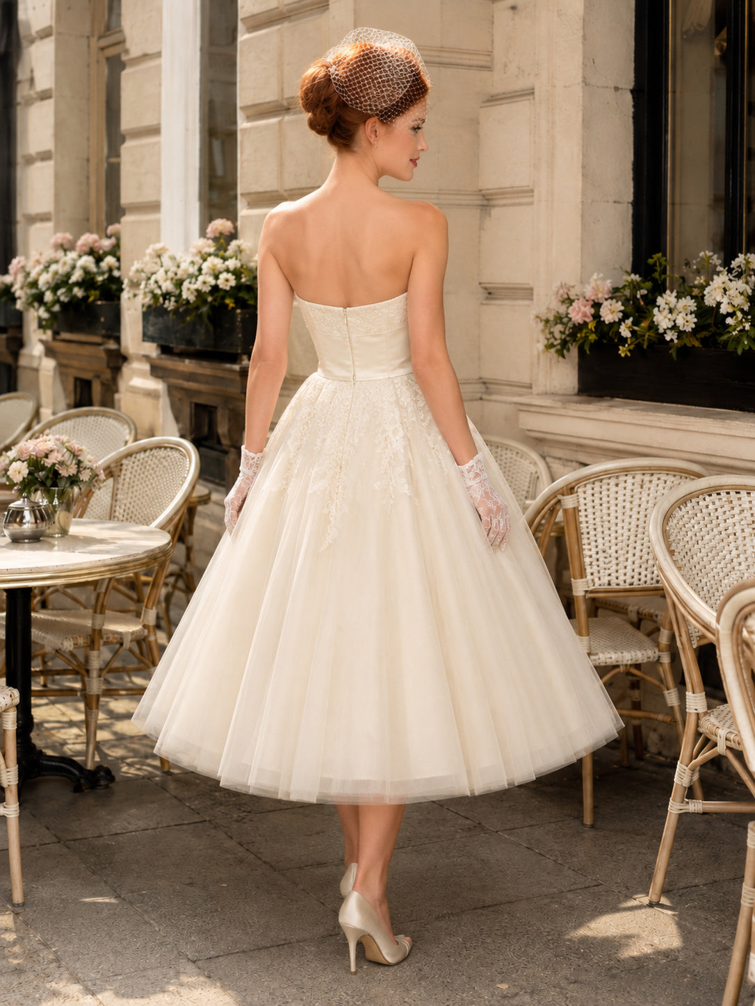 Vintage 1950s Strapless Sweetheart Beaded Tulle A-Line Tea Length Wedding Dress back view