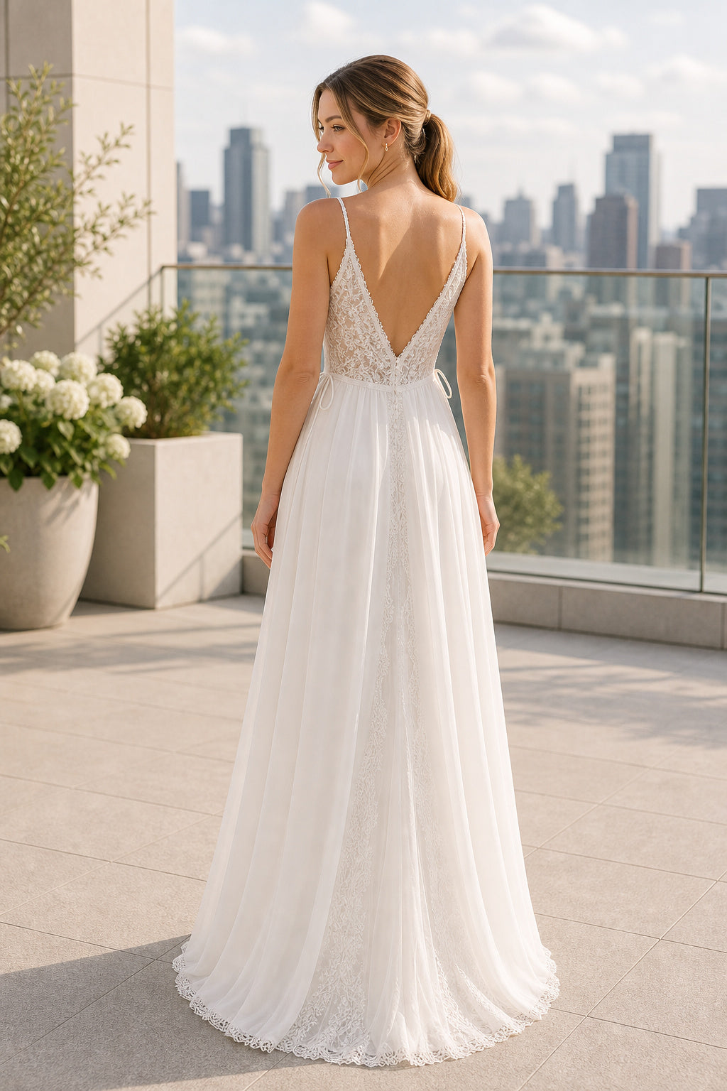 Champagne Illusion Long Sleeves A-Line Satin Floor-length Wedding Dress With Sweep Train and Open Back