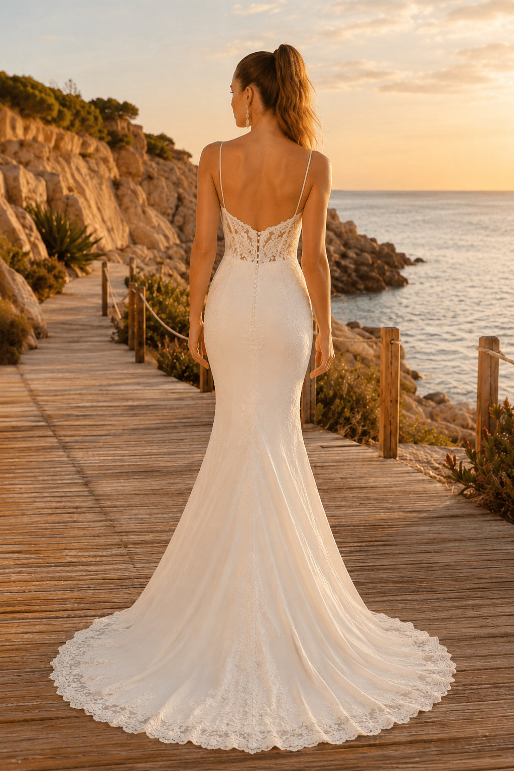 Ivory Spaghetti V-Neck Stretch Satin Mermaid Wedding Dress Lace Bodice Train for Bridal Ceremony and Reception back view