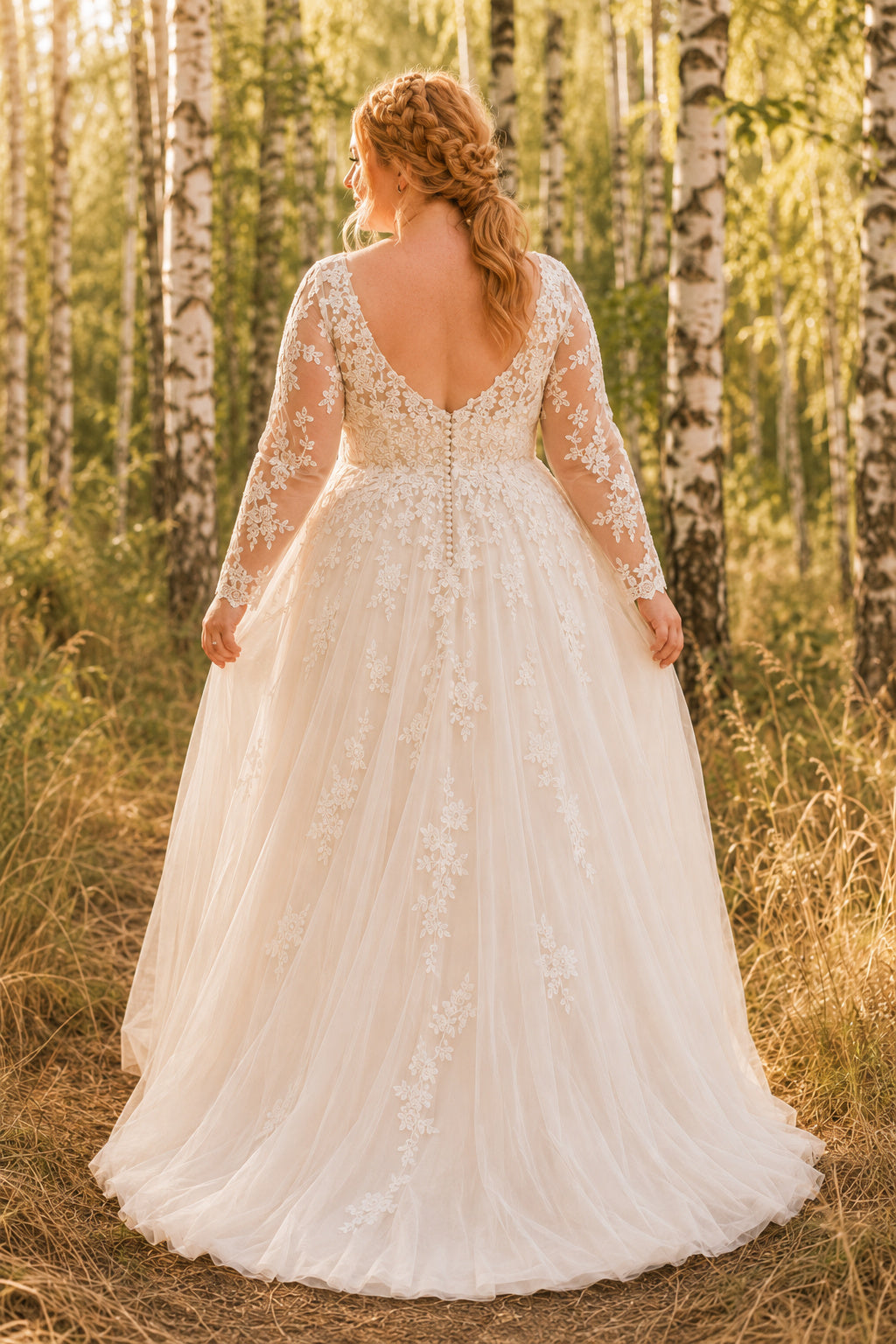 Plus Size Long Sleeve Lace A-Line Wedding Dress with Deep V-Neck Style 720956 back view