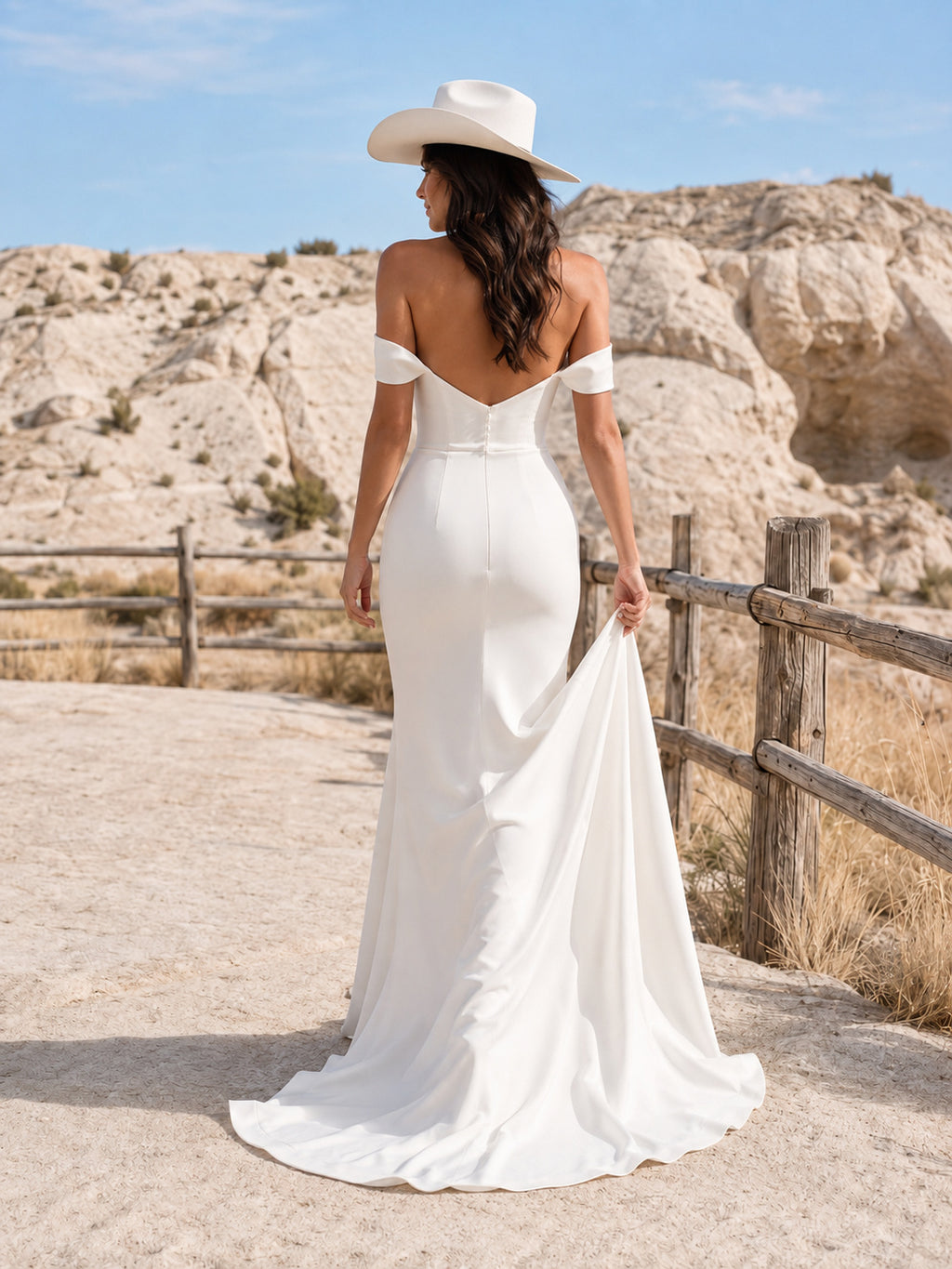 Western Country Simple Modern Sexy Sheath Satin Wedding Dress with Off Shoulder Sweetheart Sleeveless Floor-Length Train Spli
