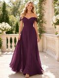 Plum Off Shoulder Chiffon A-Line Formal Dress front view