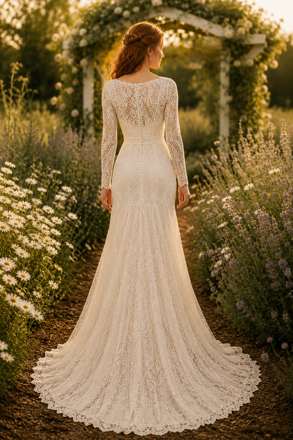 Ivory Modest Bateau Neck Mermaid Allover Lace Wedding Dress with Long Lace Sleeves and Chapel Train Style MG_701335 back view