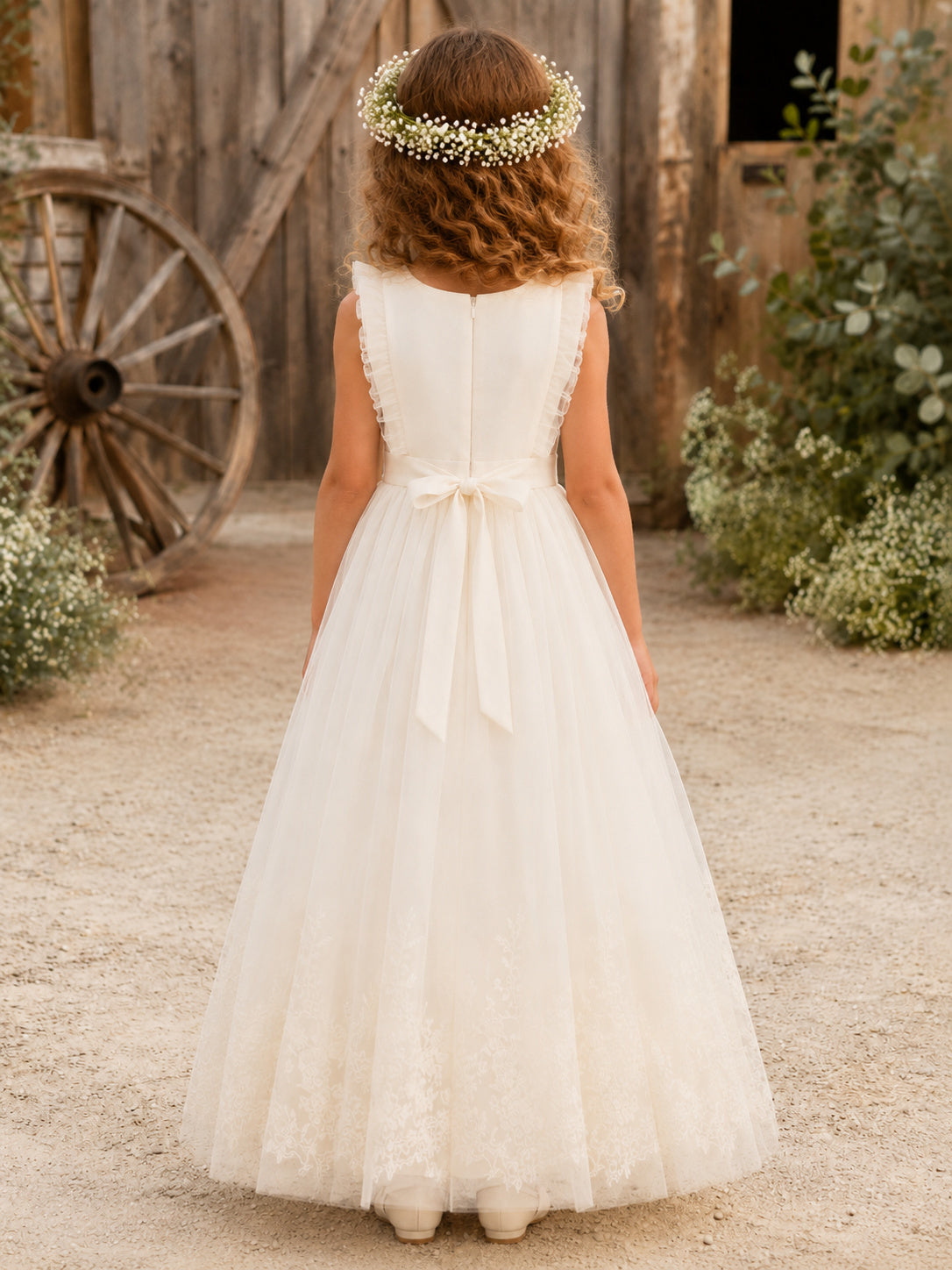 Champagne Bow Back Tulle A-Line Flower Girl Dress with Jewel Neck, Sleeveless, and Floor-length Skirt back view
