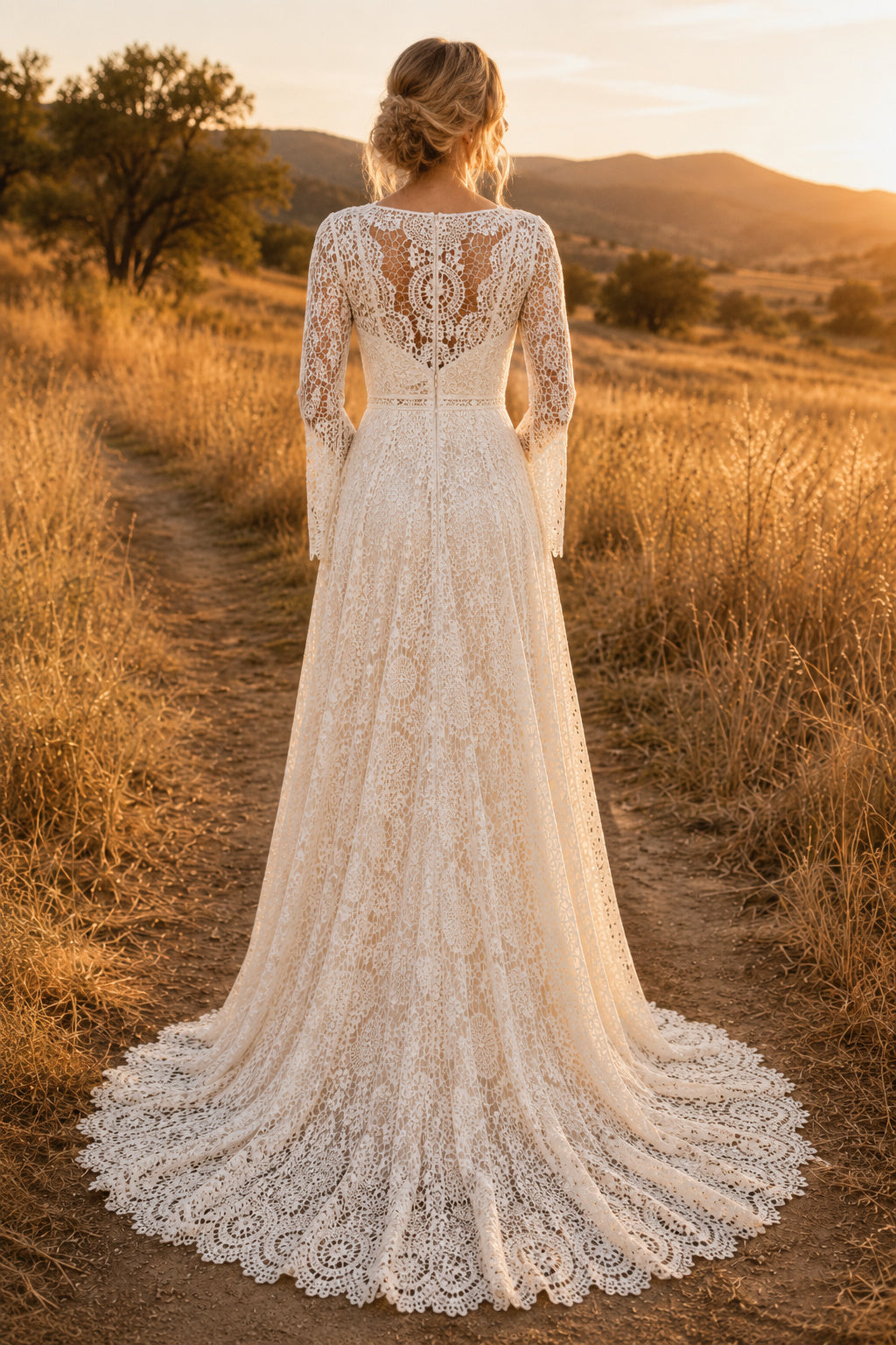 Ivory Long Sleeve V-Neck Lace A-Line Wedding Dress Chapel Train for Wedding Ceremony and Reception back view