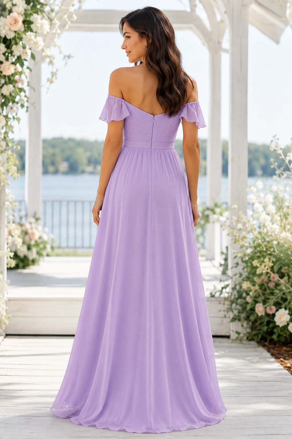 Lavender Off-the-Shoulder Chiffon Bridesmaid Dress with Sweetheart Neck and Flutter Sleeves back view