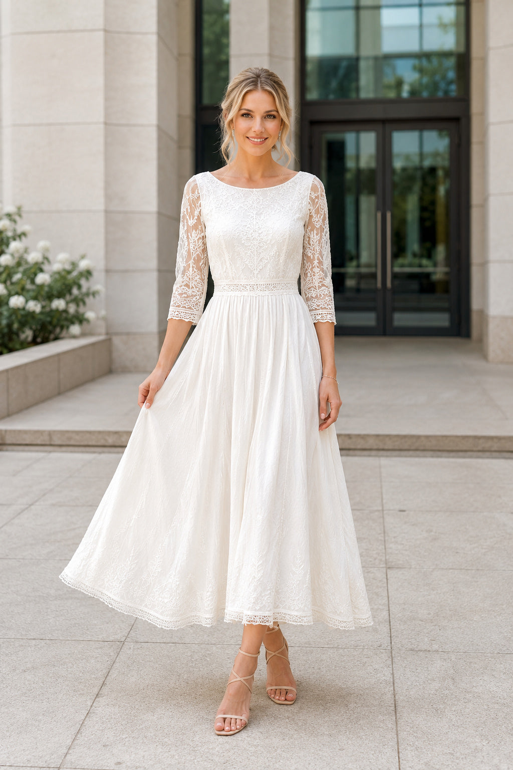 Ivory Bateau Neck Three Quarter Sleeve Tea-Length A-Line Wedding Guest Dress front view