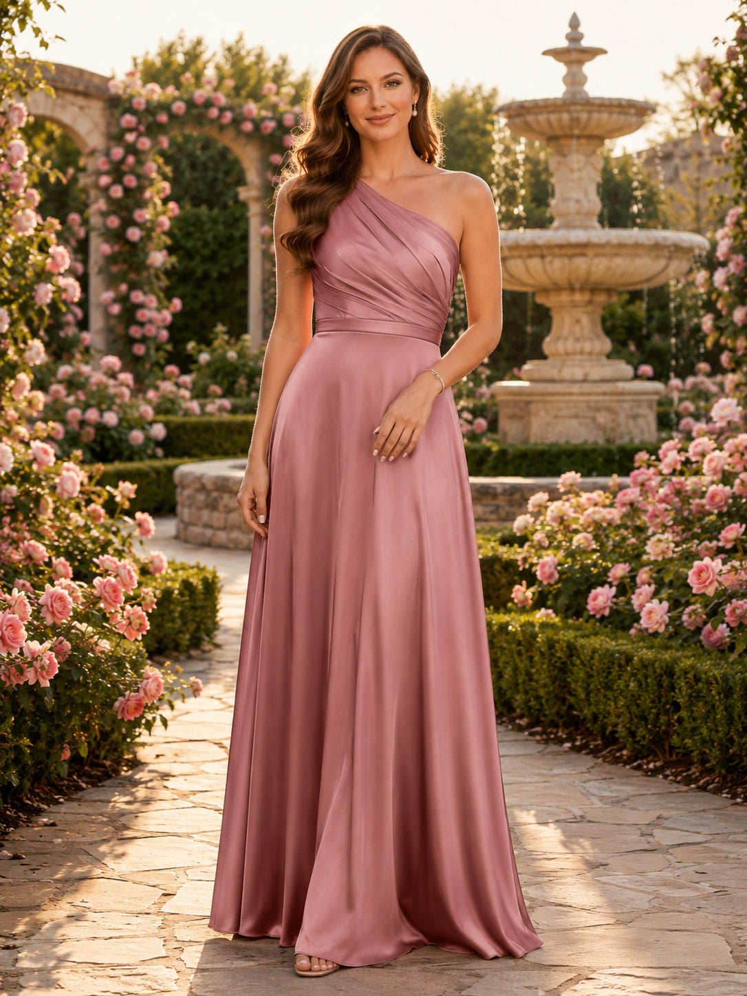 Dusty Rose Spring Garden A-Line Satin Bridesmaid Dress with Sleeveless One-Shoulder Bodice, Ruched Floor-Length Skirt and Low