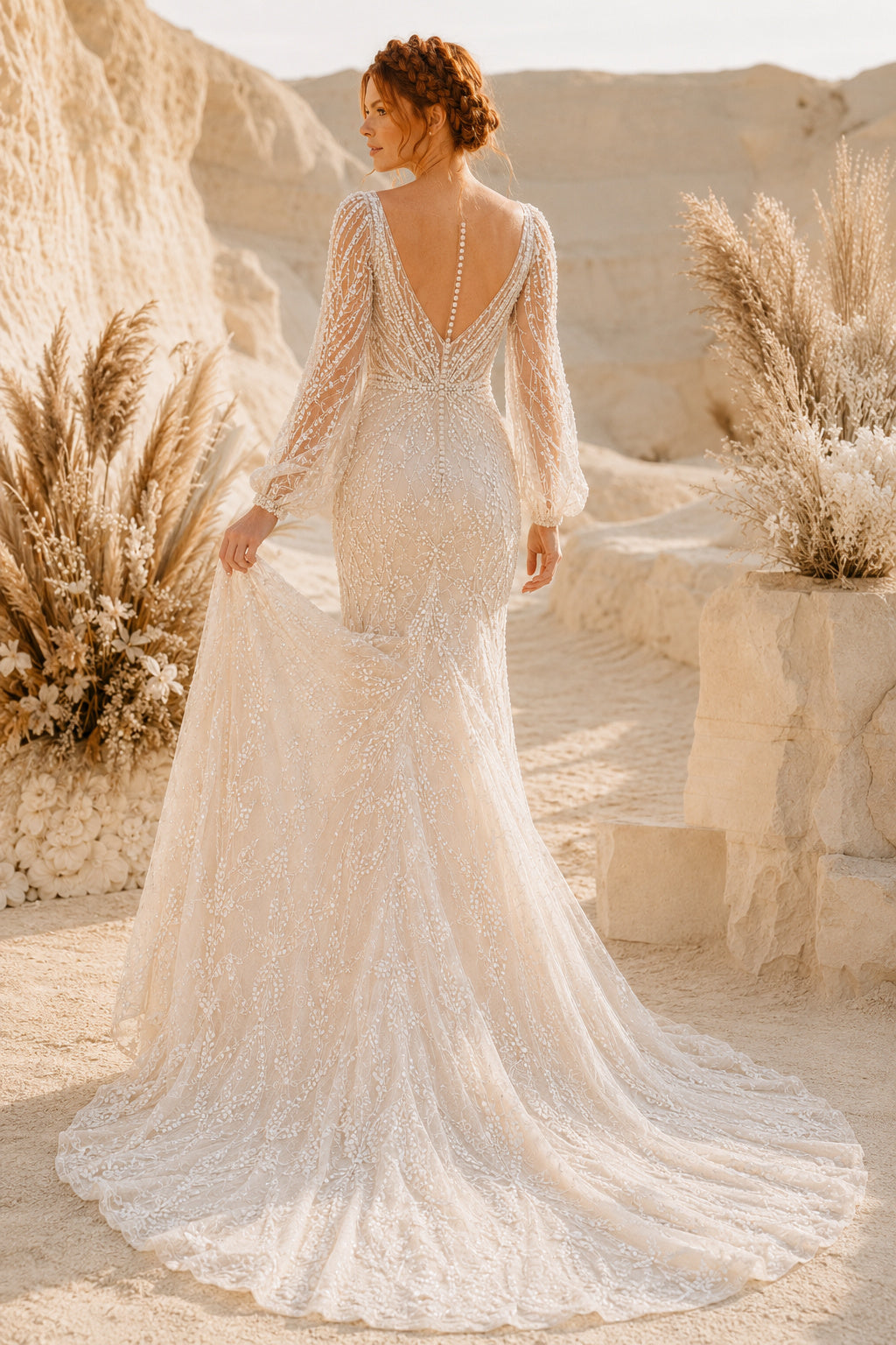 Ivory Long Sleeve Beaded Lace Sheath Wedding Dress with Deep V-Neck and Train back view