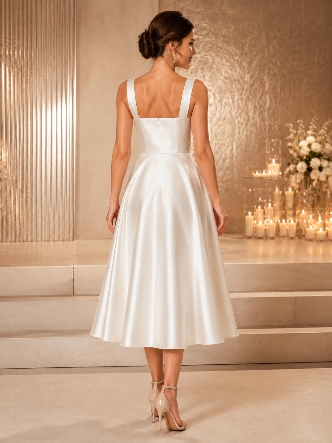 Square Neck Satin Tea Length A Line Engagement Party Dress back view