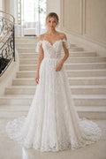 White Bateau Three-Quarter Sleeves A-Line Crepe Floor-length Wedding Dress With Lace Bodice and Sweep Train and Open Back