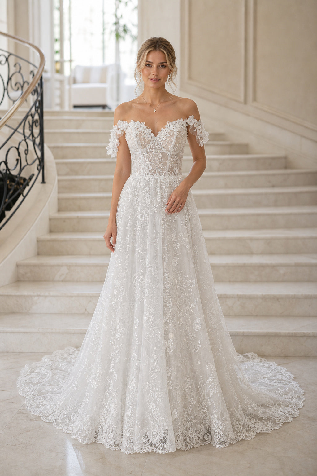 White Bateau Three-Quarter Sleeves A-Line Crepe Floor-length Wedding Dress With Lace Bodice and Sweep Train and Open Back