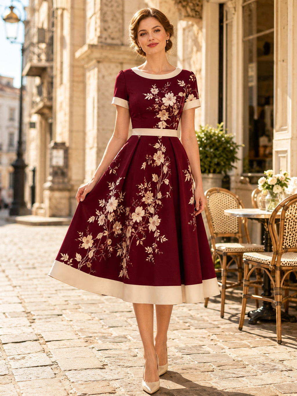 Burgundy Jewel Cap Sleeve Floral Print A Line Tea Vintage Guest Dress front view