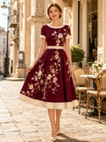 Burgundy Jewel Cap Sleeve Floral Print A Line Tea Vintage Guest Dress front view