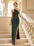 Forest Green One Shoulder Satin Sheath Gown With Slit front view