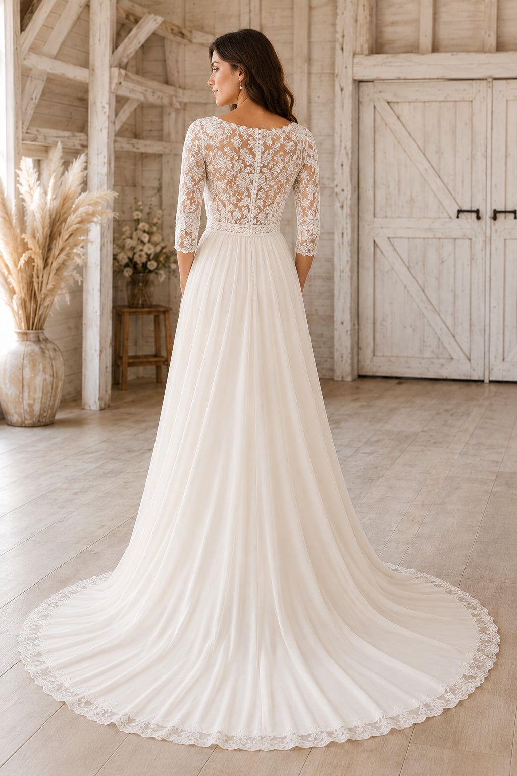 Bateau Long Sleeve A-Line Wedding Dress with Lace Bodice and Chiffon Train for Beach Garden Ceremony back view