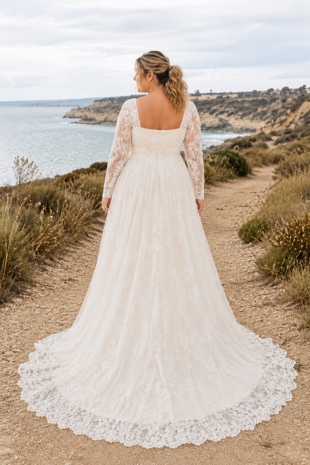 Plus Size Ivory Square Neck Long Illusion Sleeve Lace Tulle A-Line Wedding Dress with Square Bodice and Lace Sweep Train back