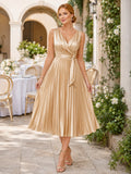 Champagne V Neck Sash Pleated Satin Midi Guest Dress front view