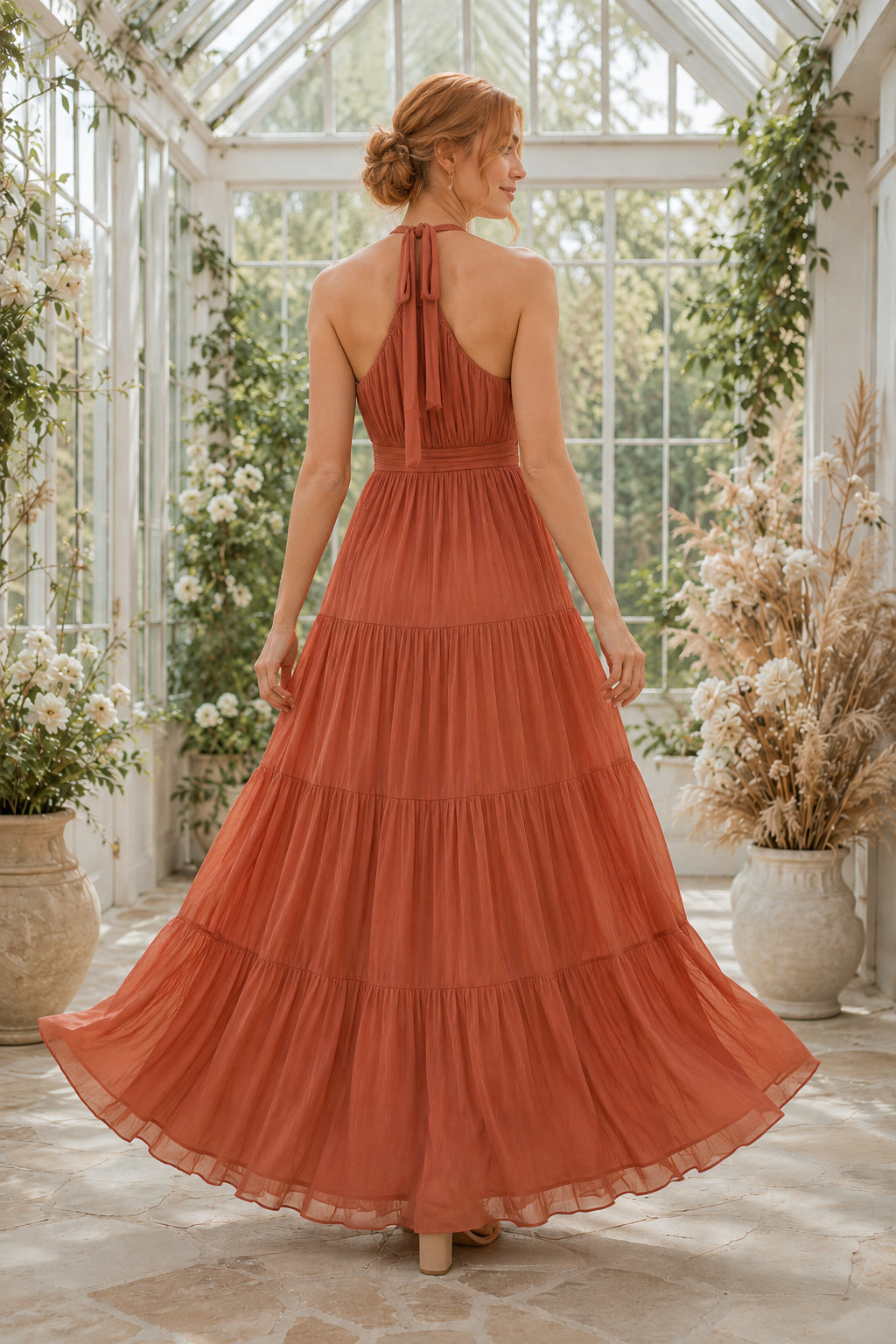 Papaya Halter Neck Tiered Chiffon A-Line Bridesmaid Dress with Ankle-Length Skirt back view