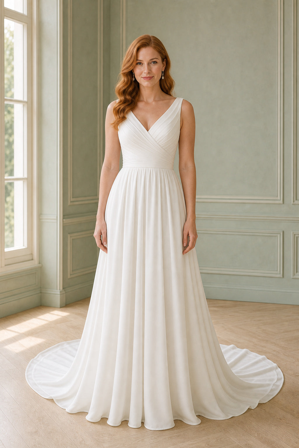 Champagne Off-the-shoulder Long Sleeves A-Line Chiffon Floor-length Wedding Dress With Sweep Train and Open Back