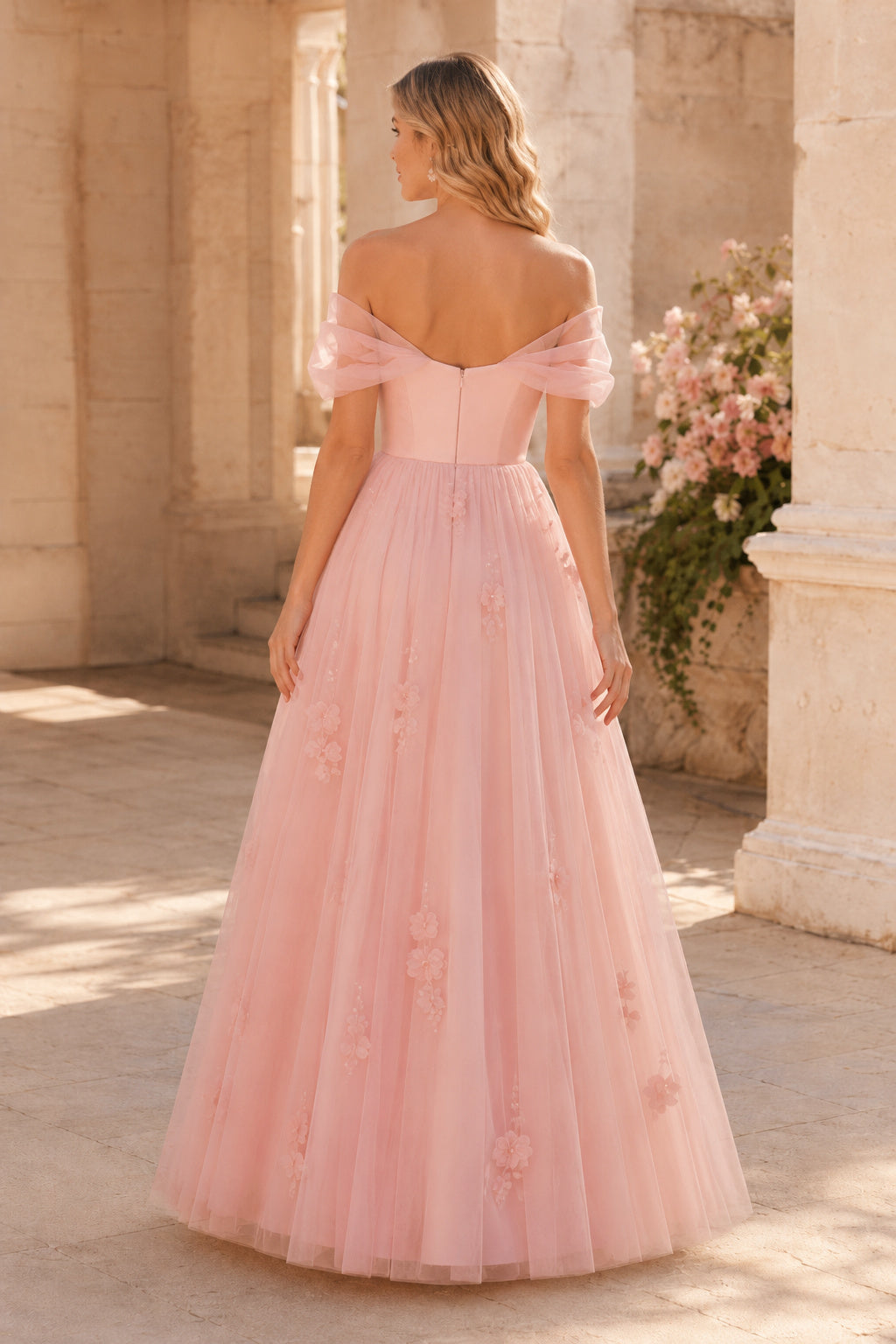 Blushing Pink Off-the-Shoulder A-Line Wedding Dress with Floral Tulle Skirt back view