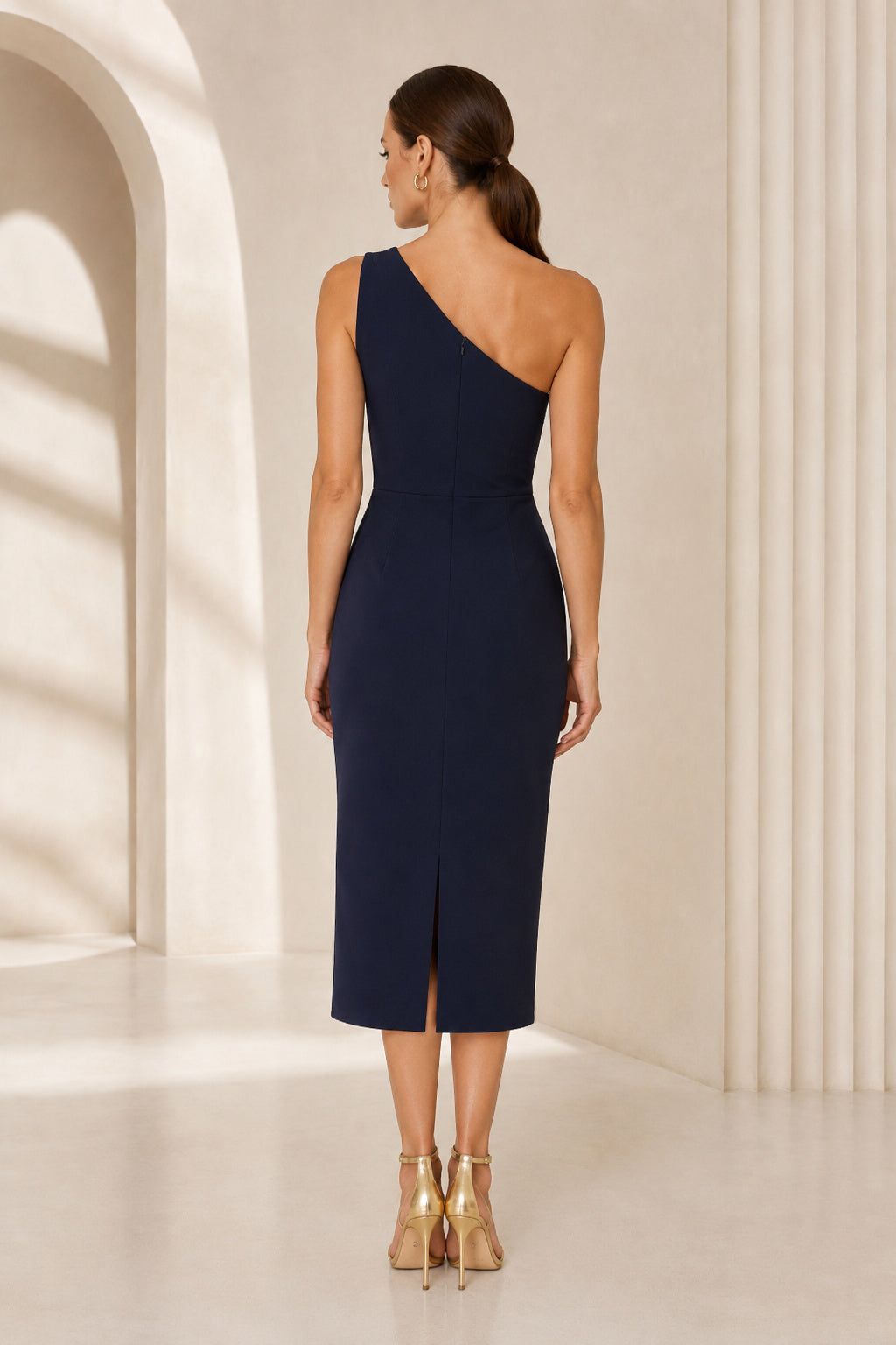 Dark Navy One-Shoulder Sheath Cocktail Dress with Knee Length Skirt and Clean Back back view