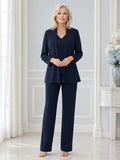 Dark Navy Modest Floor-Length Wide-Leg Mother of the Bride Crepe Pantsuit with Double-Breasted Long Blazer and V-Neckline fro
