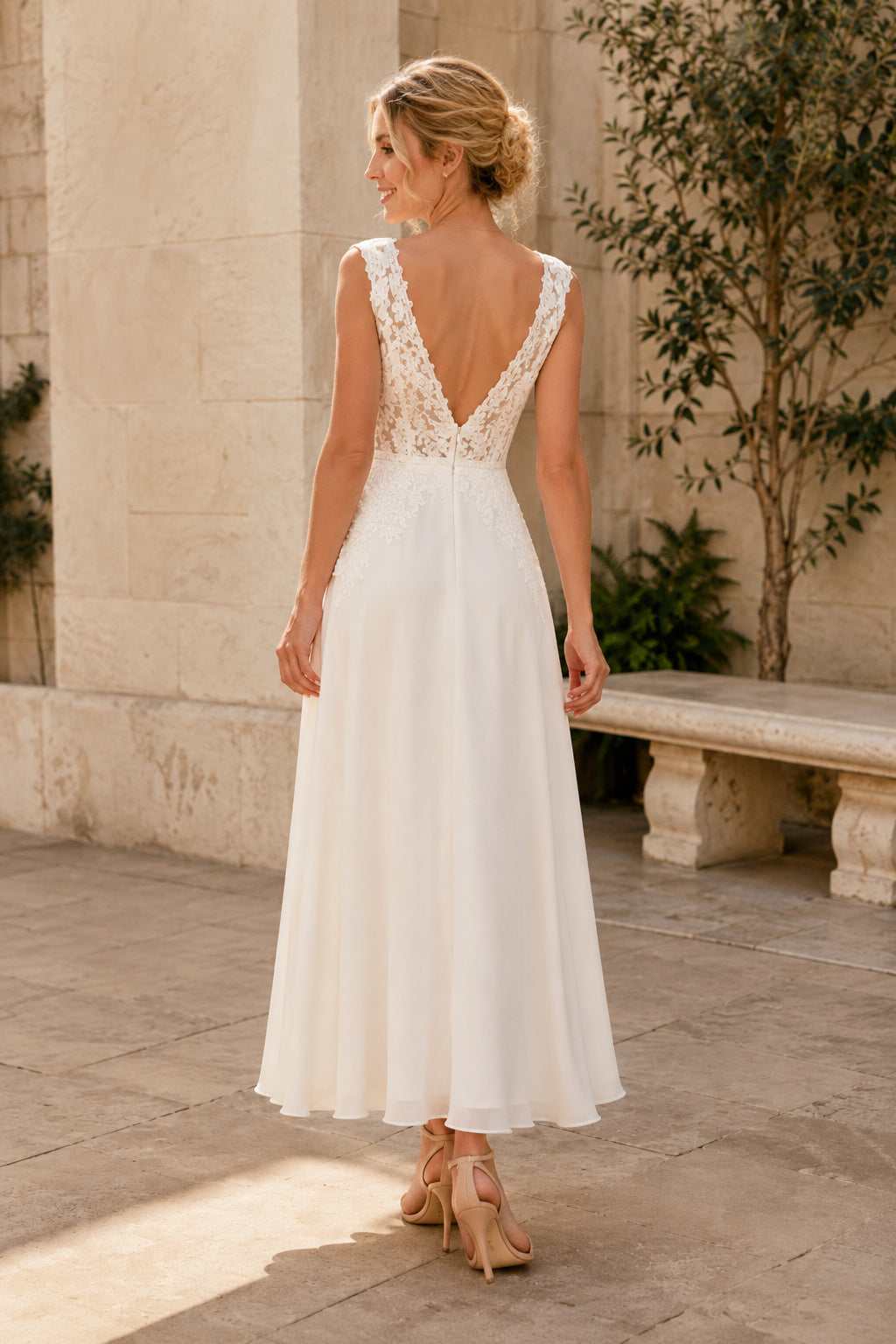 Ivory V-Neck Sleeveless Tea-Length Chiffon A-Line Wedding Guest Dress back view