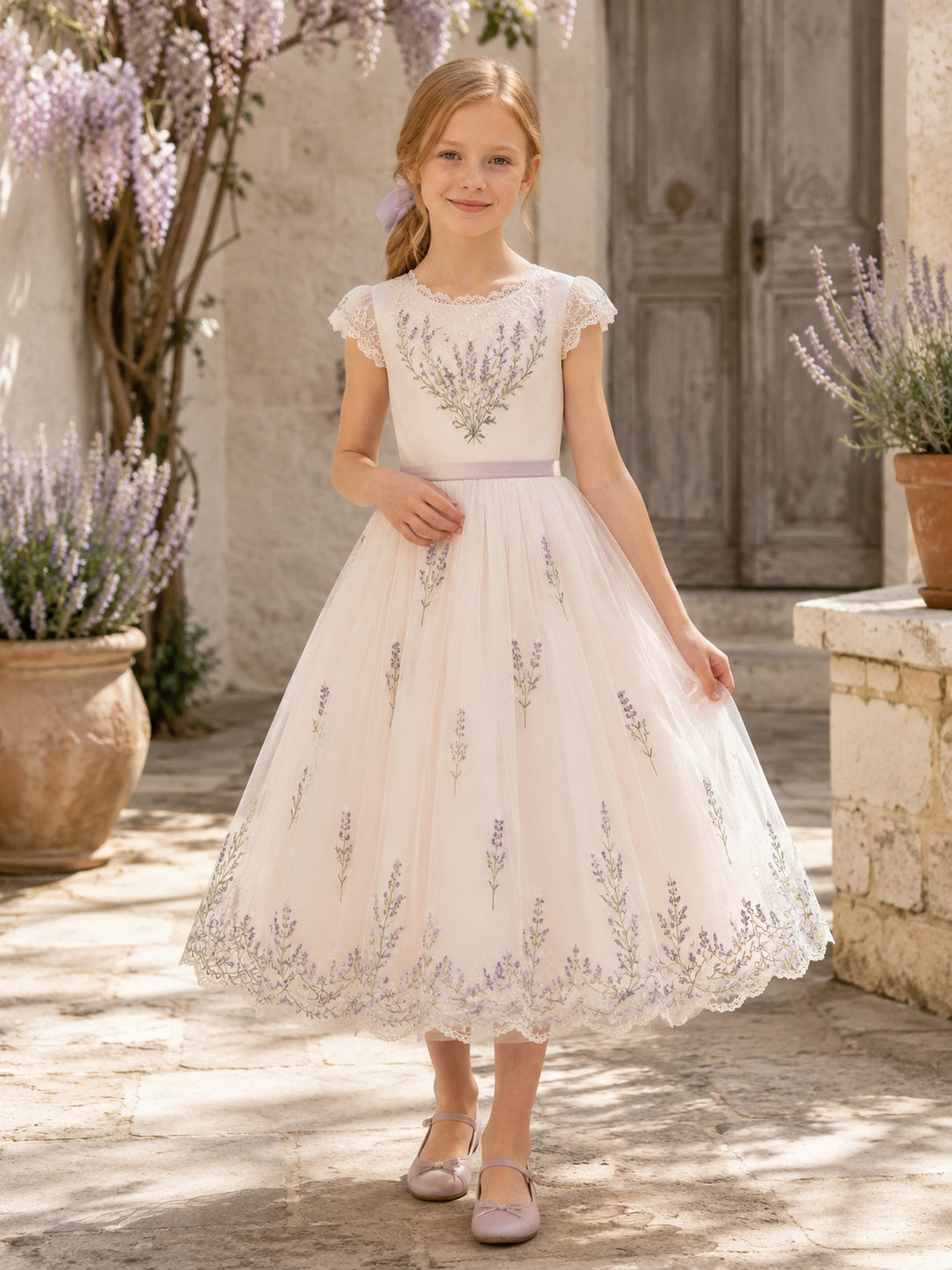 Champagne Lavender Sprig Flower Girl Dress with Flutter Sleeves, Botanical Embroidery, Tulle A-Line, and Tea-Length Skirt fro