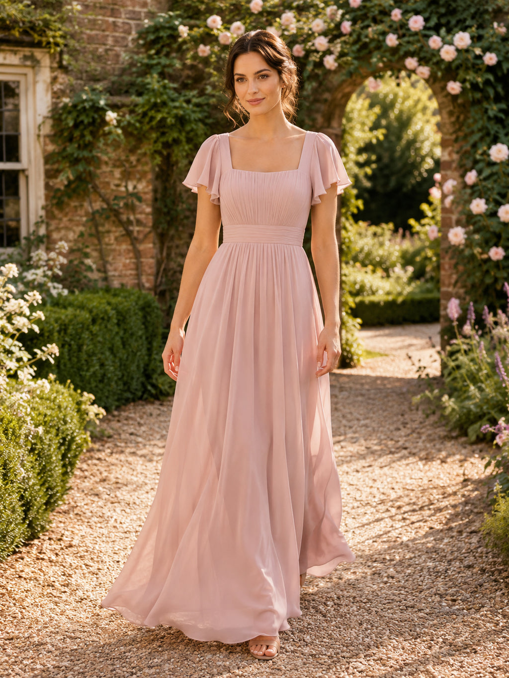 Pearl Pink Formal Garden A-Line Chiffon Bridesmaid Dress with Square Neck Short Sleeve Bodice, Pleated Floor-Length Skirt and