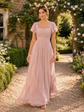Pearl Pink Formal Garden A-Line Chiffon Bridesmaid Dress with Square Neck Short Sleeve Bodice, Pleated Floor-Length Skirt and