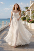 Plus Size Ivory A-Line Wedding Dress with V-Neck Lace Bodice and Soft Tulle Skirt front view