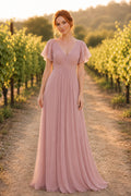 Dusty Rose V-Neck Chiffon A-Line Bridesmaid Dress with Flutter Sleeves and Empire Waist front view