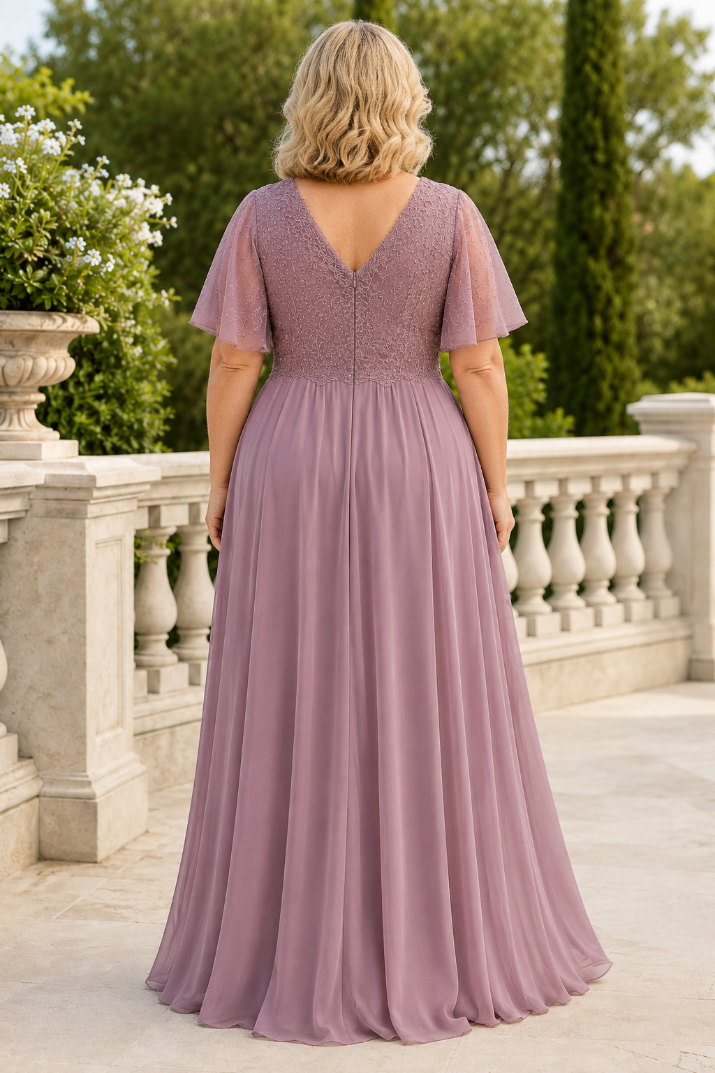 Dusty Rose Plus Size Chiffon A-Line Mother Dress with Lace Bodice and Flutter Sleeves back view