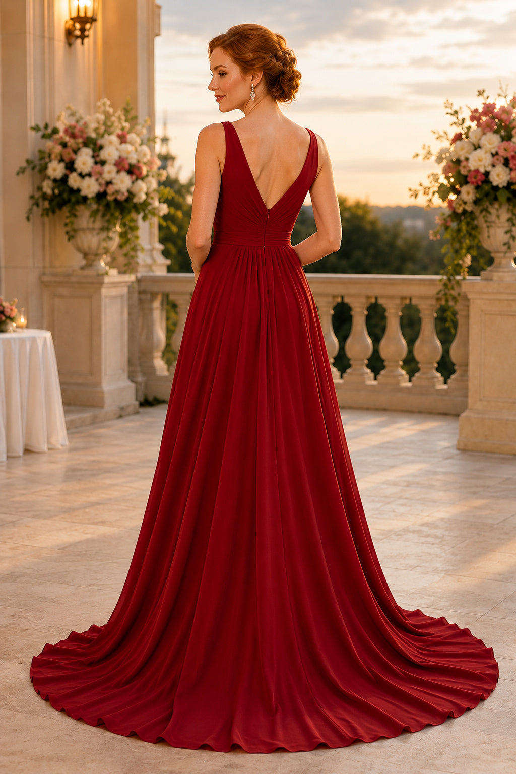 Plus Size Red V-Neck A-Line Formal Dress with Low V Back and Sweep Train back view