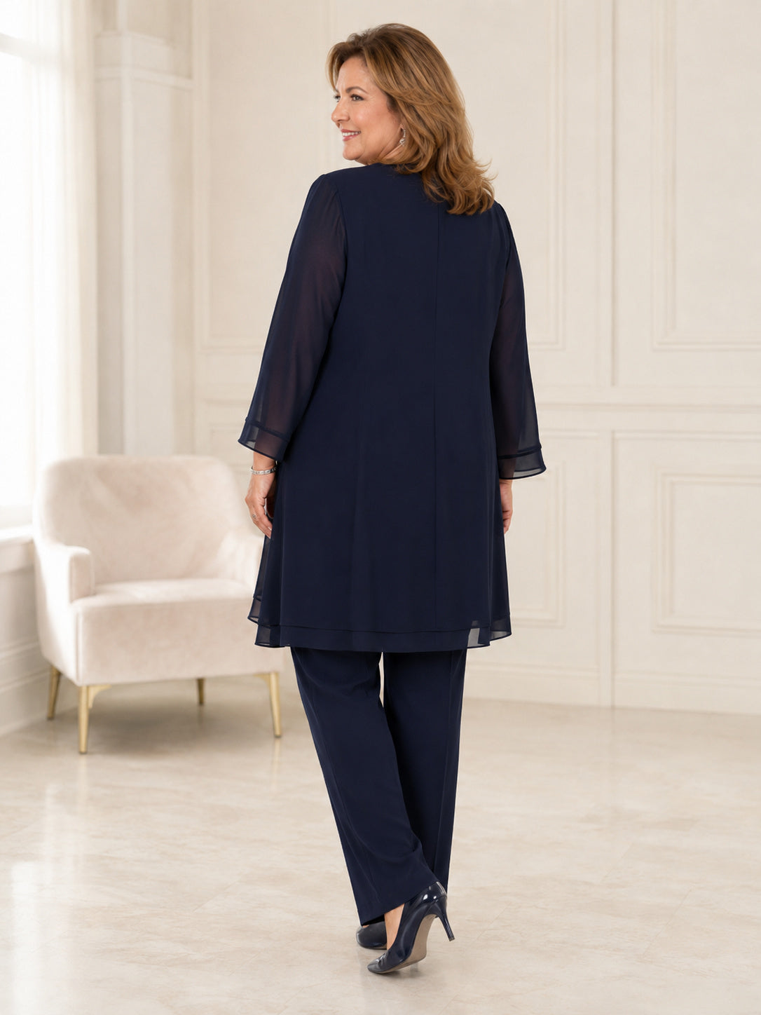 Plus Size Dark Navy Modest Mother Three-Piece Pantsuit Jewel Neck Three-Quarter Split Sleeve Chiffon Long Jacket Set back vie