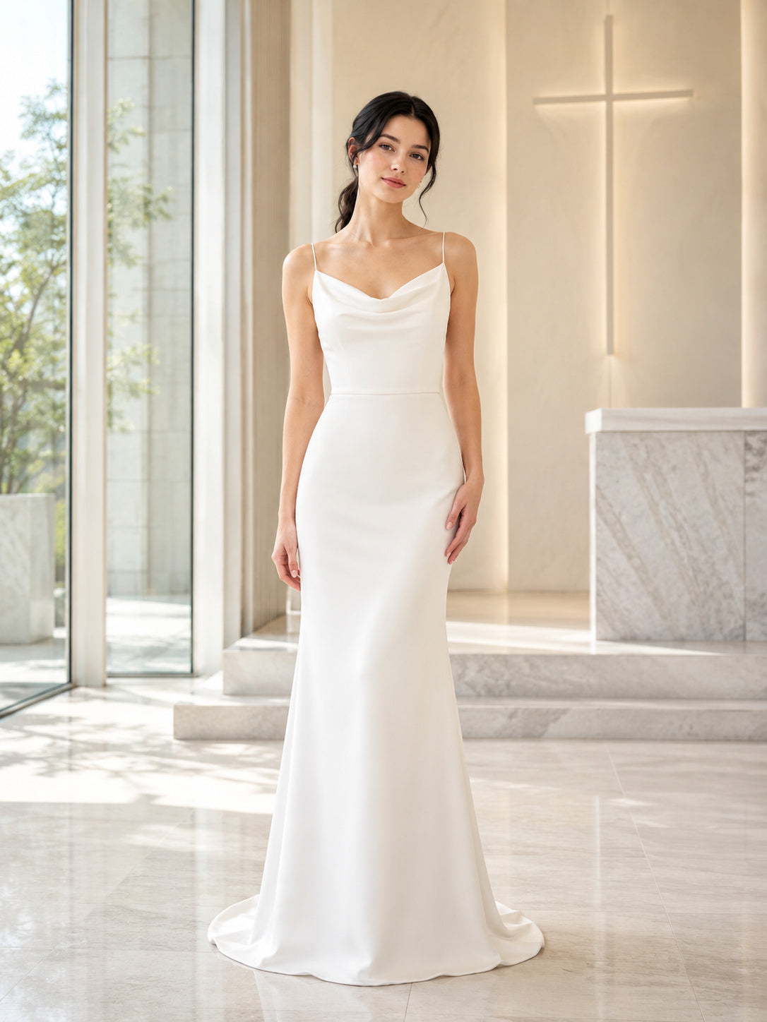 Petite Cowl Neck Minimalist Crepe Sheath Wedding Dress front view
