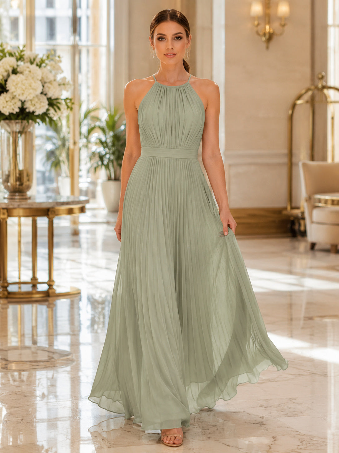 Sage Halter Keyhole Pleated Chiffon Formal Dress front view