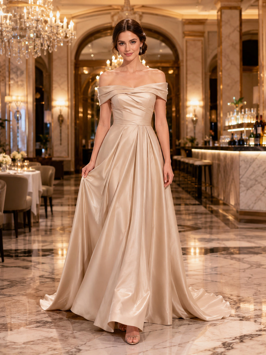 Champagne Off Shoulder Satin A Line Ball Gown Dress front view